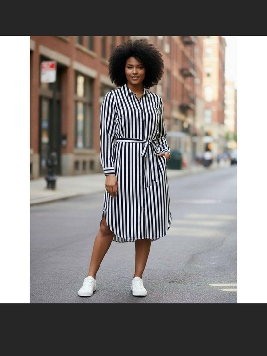 Express Dresses & Skirts - Express Black & White Vertical Stripe Midi Shirt Dress